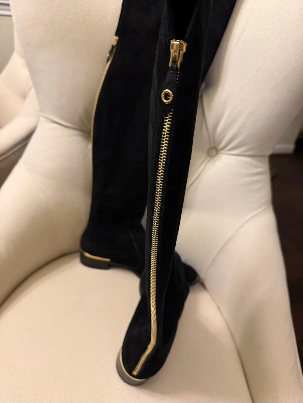 Louis Vuitton Black Suede Over-the-Knee Boots with Gold Zip Accent